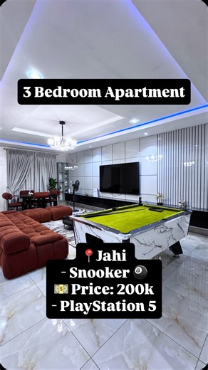 Abuja Shortlet Apartment | BEP Apartments - Bold Eagles Path on Instagram: "3 Bedroom Shortlet Apartment in Abuja. Features 👇👇👇 📍Location: Jahi, Gilmor. 24 hrs power supply. Fast wifi. inverter Standby generator. Washing Machine. 24hrs security patrol. En-suite rooms. Balcony PlayStation 5 Snooker Visitor’s toilet. Smart tvs; Netflix, DstV. Prime location. Proximity to fun centers. ‬ Price: 200k - 210k per day 📞 or 💬: ‪+2347062523758 Bold Eagles Path | BEP Apartments #abujashortletapartmen