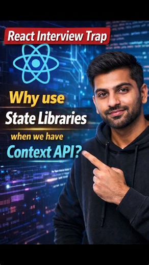 Bhavesh.Tech on Instagram: "🎬 React Interview Fail😨 Why do we use external state management when React already has Context API? 🤯⚛️ “Believe me… most candidates fail here. Not because it’s hard — but because they never understood the fundamentals.” React Context is great for global, rarely changing data. But using it as a full state manager leads to: ❌ Performance issues (unnecessary re-renders) ❌ Poor scalability ❌ No built-in middleware, devtools, or async handling 💡 Interview-winning answ