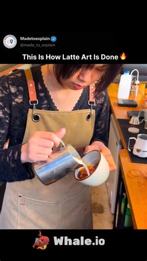 Made_to_Explain on Instagram: "Creating latte art is a precise process that begins with preparing a smooth "canvas" of espresso and texturizing milk into microfoam. First, the milk is steamed to a velvety consistency—often compared to wet paint—ensuring there are no large bubbles. To start the design, you tilt the coffee cup and pour the milk from a height of a few inches to allow it to sink below the dark espresso crema. Once the cup is about half-full, you bring the pitcher spout very close to