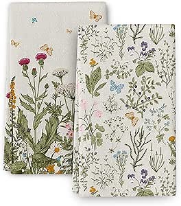 Spring Floral Kitchen Towels Decorative Set of 2, Summer Flower Dish Towels for Kitchen Decor, Cute Natural Herbs Absorbent Hand Drying Dish Cloth