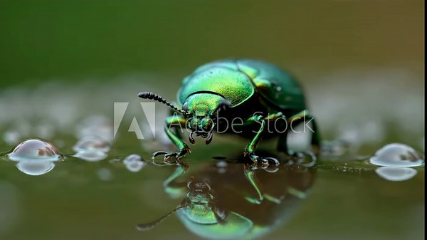 A vibrant, metallic green beetle stands on a watery surface, reflecting its form and nearby droplets