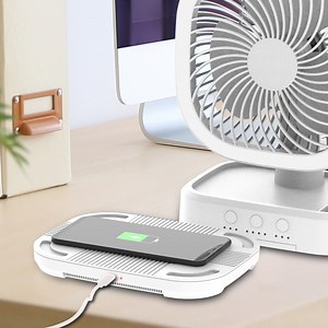 Mainstays New Rechargeable Personal USB Fan with Wireless Charging Pad and Led Lighting White