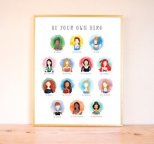 Disney Princess Nursery Wall Art, Watercolor Painting, Disney Nursery Art, Disney Princess "be Your Own Hero" Poster - Etsy