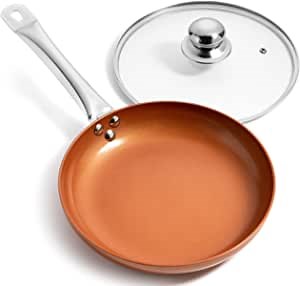 Razab Copper Pan Nonstick with Lid Copper Pan - 8 inch Cookware Non-stick Frying Pan Ceramic Coating Stockpot, Cooking Pot, Copper Aluminum Pan with Lid, Gas Induction Compatible