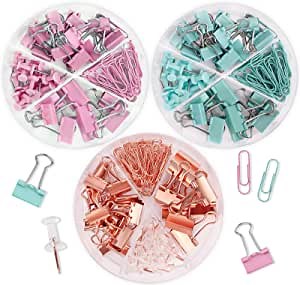 216 PCS Binder Clips Paper Clips Push Pins Set, Office Binder Clips Kits with Organize Box for Office School Home Desk Supplies, Assorted Sizes, Multicolor(3 Box)