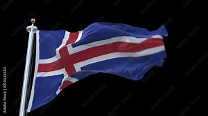 4k iceland flag with flagpole waving in wind.A fully digital rendering,Seamless loop with highly detailed fabric texture,loops at 20 seconds.flag 3D animation with alpha channel included.