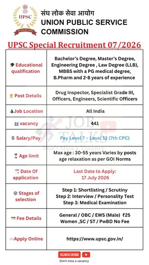 UPSC Recruitment 2026 🔥441 Vacancies | No Exam Govt Jobs | Salary Level 12 | Apply Now #jobtalks4u