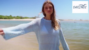 DAKIMOE Women Swimsuit Cover up Summer Bathing Suit Cover up Knit Swimwear Pullover Swim Cover up Beach Dress S-XL, Cyan, S