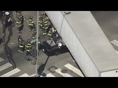 Driver, dog miraculously avoid serious injuries after colliding with big rig