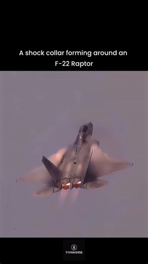 Tivraverse on Instagram: "What’s a Shock Collar? A shock collar is a visible condensation phenomenon that forms when a fighter jet like the F-22 Raptor pushes through moist air at transonic speeds. The sudden pressure drop around the jet causes water vapor in the air to rapidly condense, creating this dramatic halo effect. In this clip, the F-22 is ripping through the sky with afterburners lit, and the shock collar highlights just how close it’s flying to the edge of supersonic performance. 