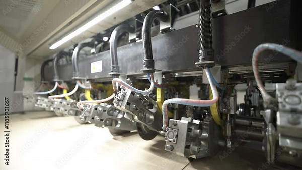 Industrial equipment for processing cardboard in plant hall. Special machines provide effective impact on material to create final structure