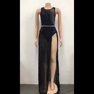 Luxury Rhinestone Women Evening Dress Sleeveless O-neck Long Slit Prom Party Lady Maxi Dresses