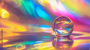A glass ball sits on a reflective surface, surrounded by vibrant abstract lights. The colorful background creates a mesmerizing effect, highlighting the glass ball's reflections and refractions.