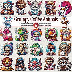 Grumpy Coffee Animals Clipart Bundle 55 PNG Cartoon Characters - Etsy
