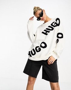 HUGO Slaria repeat logo jumper in white | ASOS