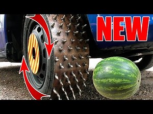 NEW ! SPINING SPIKE TIRE CAR vs WATERMELON - Most satisfying SHREDDING video
