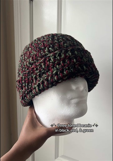 i love how this beanie came out! 🤩 crocheting with three balls of yarn at once is always a bit tough 😅 but it’s worth it! customs available on etsy! ♡ ⋆˙⟡ beanie tutorial: on my yt yarn: red heart & mainstays hook size: 8mm rows: 5 increase (top of hat), 9 regular (body of hat) #crochetbeanie #crochethat #crochetcustom #crochetsmallbusiness #crochetetsy