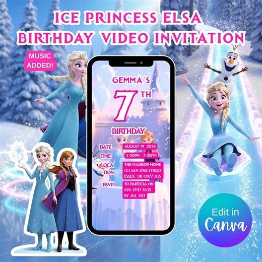 Elsa Birthday Video Invitation, Animated Frozen Theme (canva Template Digital Download) - Etsy