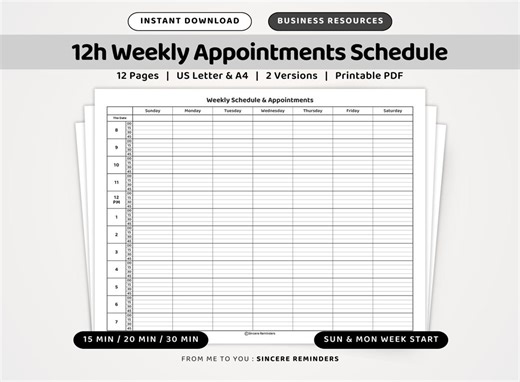 12 Hour Weekly Appointment Schedule Tracker : Printable Hour Planner, Sunday & Monday Start, 15/20/30 Min Increments (A4/US Letter PDF) - Etsy UK