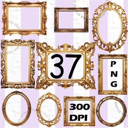 Vintage Gold Frame Clipart, Ornate Baroque Border PNG, Antique Picture Frames, Wedding Invitation Decor, Junk Journal Art V306 - Etsy