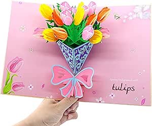 YSHomy Pop Up Cards,Tulips Flowers Card with Envelope,Birthday Cards,Popup Flowers Card,Gifts for Her,Mother's Day Gifts 6x8