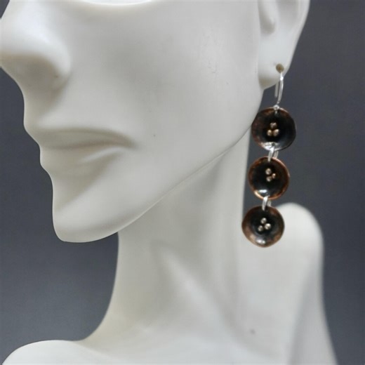 Copper and Silver Disc Earrings, Long Dangles, Hammered, Granulation, Oxidized Jewelry - Etsy