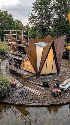 Paper? No, STEEL. 😱 Building a Modern Origami Garden Pavilion #satisfying #beforeandafter