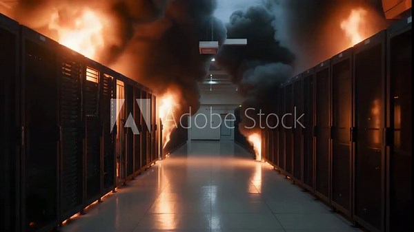 Server room catastrophe unfolds with intense flames and billowing smoke, highlighting critical data disaster