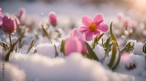Beautiful flowers under white snow. Generated AI video. Snowfall in garden. Early winter. Blurred forest background with delicate flowers and snowflakes. Sudden frosts and snowfall in early spring. HD