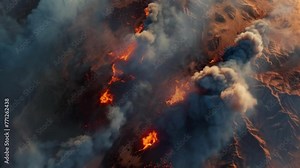 An aerial perspective of a fire blazing in the mountains, showcasing the intensity and spread of flames in the natural landscape.