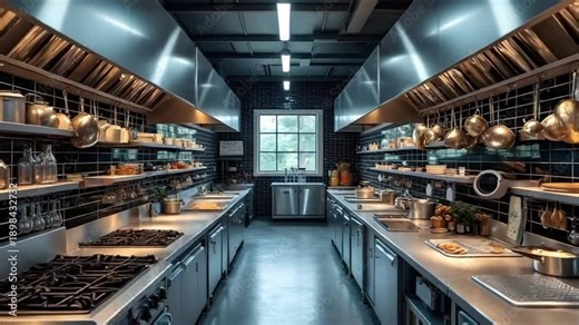 Empty Professional Restaurant Kitchen Interior with Stainless Steel Equipment. Clean Modern Commercial Kitchen with Organized Shelves and Cooking Stations