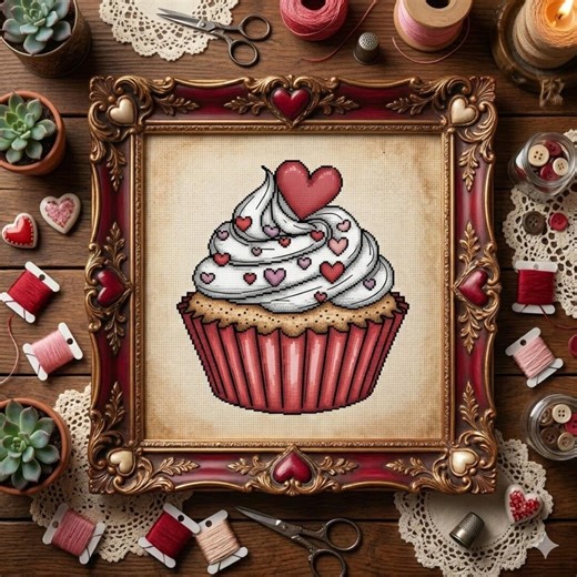 Heart Cupcake Cross Stitch Pattern – Sweet Valentine Dessert Embroidery PDF - Etsy