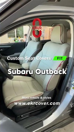 EKR custom beige and red trim seat cover installation for the Subaru Outback.