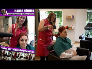Vorschau Kittel Video #02388: Franzi #föhnt Emma die Haare im #Friseursalon im pinken #Nylonkittel