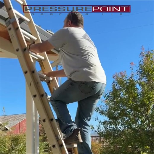 Positioning the ladder correctly is key when working on gutters. A gutter spike or bracket helps prevent the gutter from collapsing inward. It protects the gutter's shape. #GutterRepair #DIYHome #HomeMaintenance #GutterProtection | Pressure Point Roofing, LLC