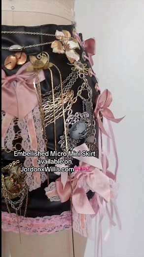 Gallery- Embellished Micro Mini Skirt - I had fun making this one 🥰 adorned with handmade bows, pink lace , ribbon , mixed metals and tarnished jewelry 🎀 available on JordonxWillis.com🎀#fashion #fyp #design #fashiontiktok #nycdesigner #jewelry
