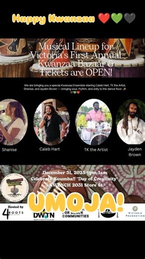4roots collective on Instagram: "CommUNITY we're bringing more good news on this first day of Kwanzaa 💝 Today, we honour Umoja, the first principle of Kwanzaa — Unity. Unity in rhythm. Unity in community. Unity in shared intention. This day of Umoja feels especially powerful as we prepare for Victoria’s first Kwanzaa Bazaar, and as we celebrate the music that helps carry these values forward. Caleb Hart, our Kwanzaa celebration headliner, released his new song “Uniting” exclusively on his Patre