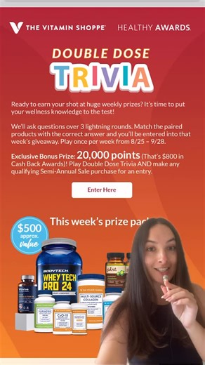 The Vitamin Shoppe on Instagram: "Introducing Double Dose Trivia, your ticket to a shot at huge weekly prizes plus a chance to win ✨$800✨ in Cash Back Awards. ⚡️ Here’s how to get in the game, now live at the link in our bio. ⬆️"
