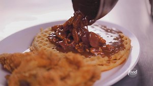 The bacon-pecan sauce is the cherry on TOP of the chicken and waffles at Franks Famous Chicken&Waffles! Watch #DDD with Guy Fieri Fridays at 9|8c and subscribe to discovery to stream more episodes: https://links.discoveryplus.com/8PdU8Apaygb. #discoveryplus | Food Network
