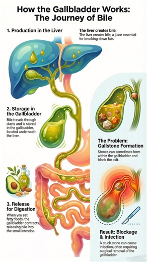 The gallbladder stores and releases bile to help digest fats. Gallstones can form when bile becomes concentrated, causing blockage and infection. #Gallbladder #DigestiveSystem #Bile #HumanAnatomy #Gallstones | Scoolam Foundation