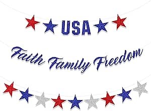4th of July Decorations - USA Banner, Faith Family Freedom Banner for Independence Day Decor (pre-Strung)