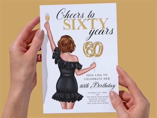 60th Birthday Invitation | Personalised Sixty Invite | Black Dress Gold Balloons | Printed 5x7 Party Invite UK - Etsy Canada