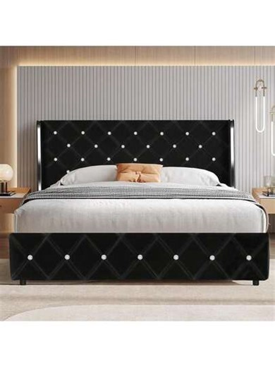 Upholstered Bed Frame With Diamond Tufted Wingback Headboard – Modern Velvet Bed Frame, No Box Spring Needed With Wood Slat Support, Easy Assembly, Twin Bed Frame/ Full Bed Frame/ King Bed Frame, Black/ Pink/ White/ Purple/ Blue/ Green | SHEIN