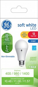 GE LED 3-Way Light Bulb, 30/70/100 Watt Eqv, Soft White, A21 Standard Light Bulb, 13 year