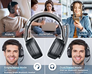 Bluetooth Headset, Trucker Bluetooth Headset with Noise Cancelling Microphone, 50H HD Talktime Wireless Headsets with Detachable Earpad, Single/Dual Mode All-Day Comfort for Driver/Office/Home