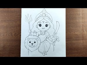 Durga ma sitting on lion outline pencil drawing step by step | Navratri gods drawing