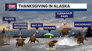 It's a turkey forecast! Which turkey matches your weather? 🦃 The weather will be changing quickly across Alaska over the holiday weekend! -Kenai Peninsula: Be ready for heavy snow in the pass, and a snow/freezing rain mix in the lower elevations. -Mat-Su: You'll see cloudy skies and breezy winds tomorrow, with a snow/rain mix later in the weekend. -Fairbanks: Keep the shades handy, the sun will be out! -Slope: Bundle up! Temperatures stay near 0° through Friday. -Anchorage: We'll see a little b