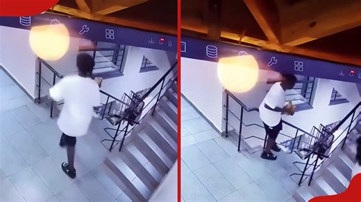 Wrong move: CCTV clip shows moment young man falls while sliding on staircase