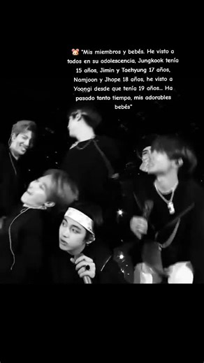 ES DECIA SUS BEBES, LLORO😭💜😭😭😭😭😭😭😭😭😭😭😭 🐹 : Desde que cumplí 25 < , me han estado molestando con mi edad > ... pero siguen siendo adorables, claro... mis bebés... Incluso los vi de pequeños/de niños. Llevo muchísimo tiempo con mis bebés. Mis adorables bebés. 🐹 Entonces Taehyung entra y dice:
