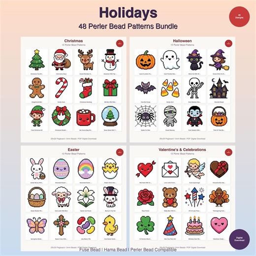 48 Holiday Perler Bead Patterns, Christmas, Halloween, Easter, Valentine's & Celebrations (PDF Digital Download) - Etsy